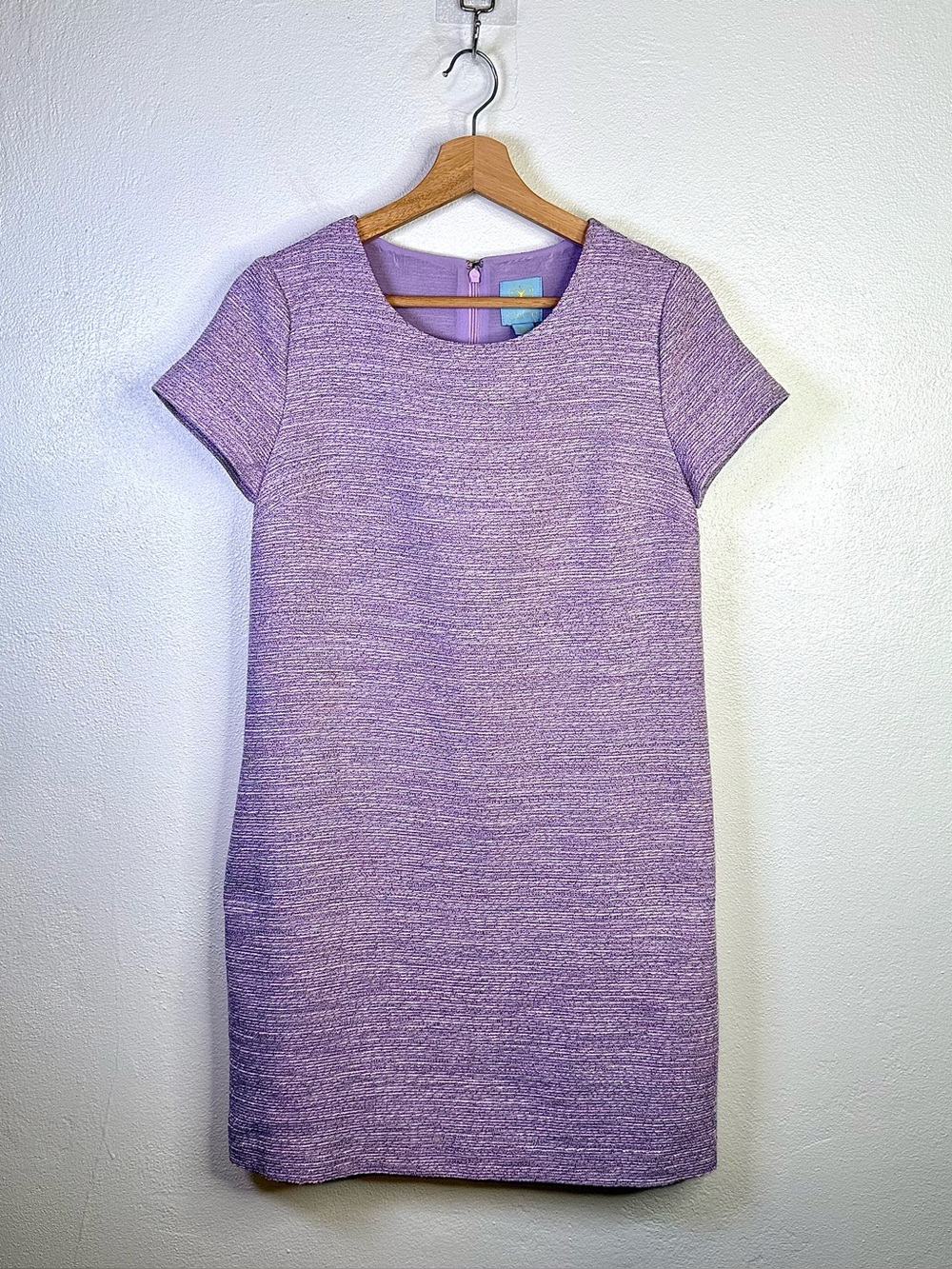 CeCe Lavender Tweed Shift Dress Short Sleeve Purple Textured Crew Neck Size 2